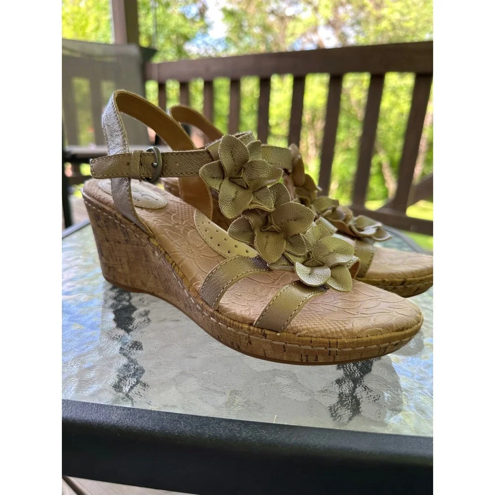 BOC Gold Flower Wedge‎ Sandals Ankle Strap Cork Heel Summer Shoes 8